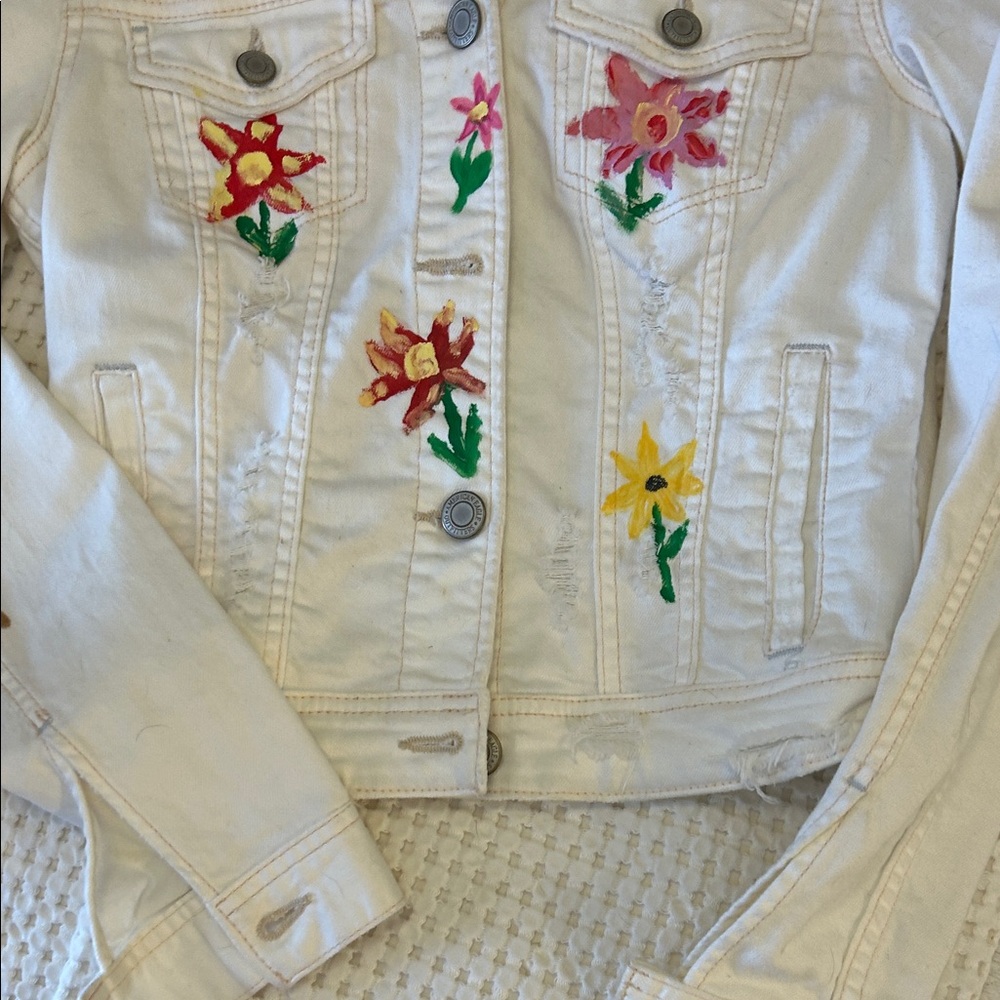 Hand-Painted Floral White Denim Jacket. Can add to flowers.